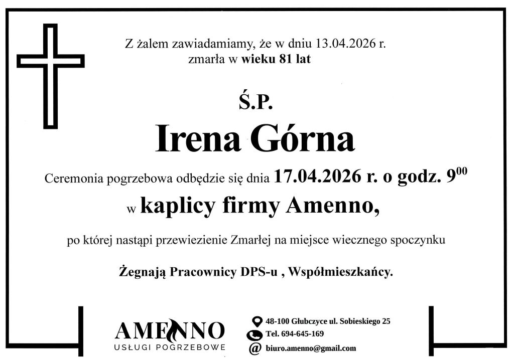 Nekrolog Irena Górna – Usługi pogrzebowe Amenno Głubczyce